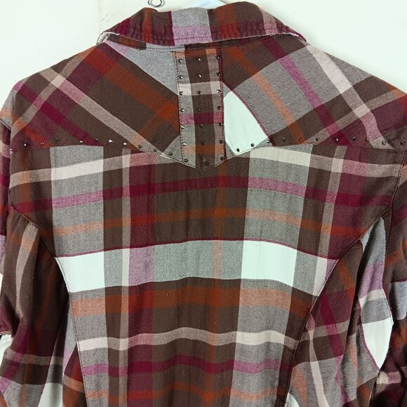 Cowgirl Up Womens Size XL Brown Plaid Western Shirt Pearl Snap With Rhinestone - Picture 6 of 10